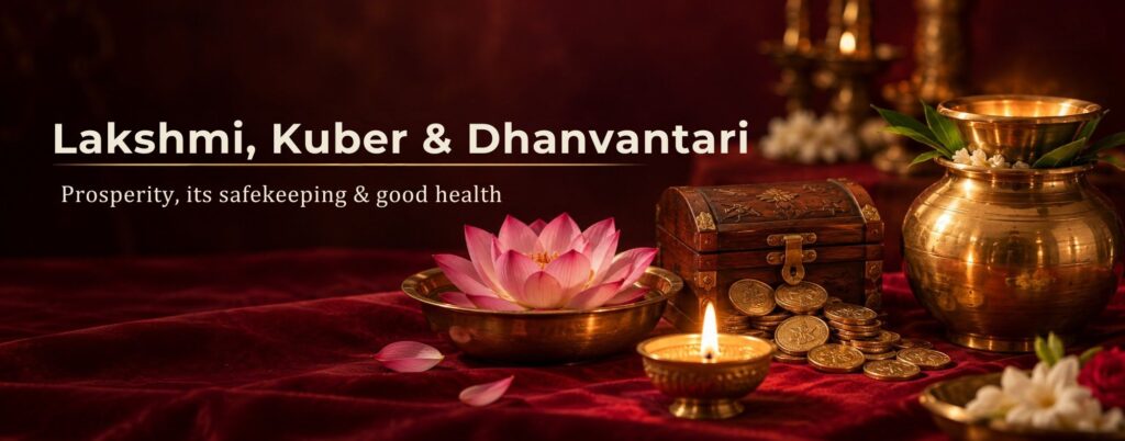 Dhanteras 2026 offering for Lakshmi, Kuber & Dhanvantari with a lotus, wooden chest, gold coins, kalash & diya