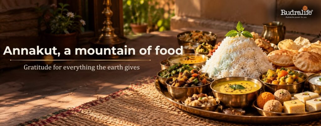 Govardhan Puja 2026 Annakut thali with a mound of rice, dal, sabzi, puris & sweets offered to Shri Krishna