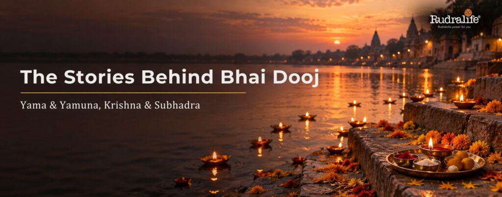 Bhai Dooj 2026 diyas floating on the Yamuna at sunset, recalling the stories of Yama & Yamuna, Krishna & Subhadra