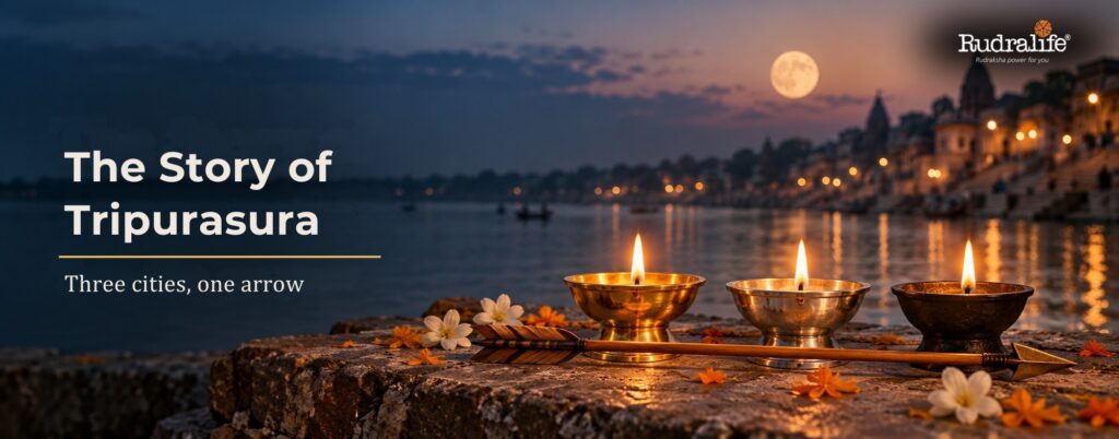 Dev Diwali 2026 & the story of Tripurasura, three diyas of gold, silver & iron with a single arrow by the Ganga