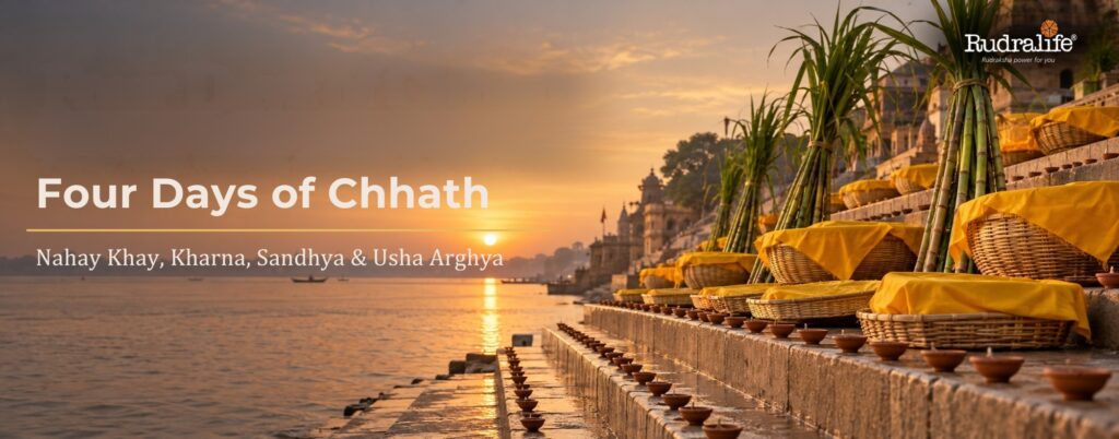 Chhath Puja 2026 river ghat steps lined with bamboo baskets, sugarcane & clay diyas before Sandhya Arghya