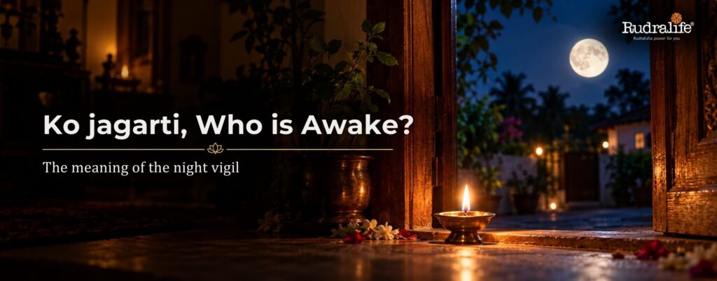 A diya kept burning at the doorway through the Kojagari Purnima vigil