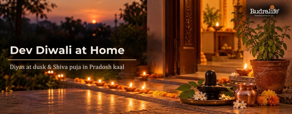Dev Diwali 2026 at home, diyas lit at dusk beside a Shivling, a copper kalash, marigolds & a tulsi plant