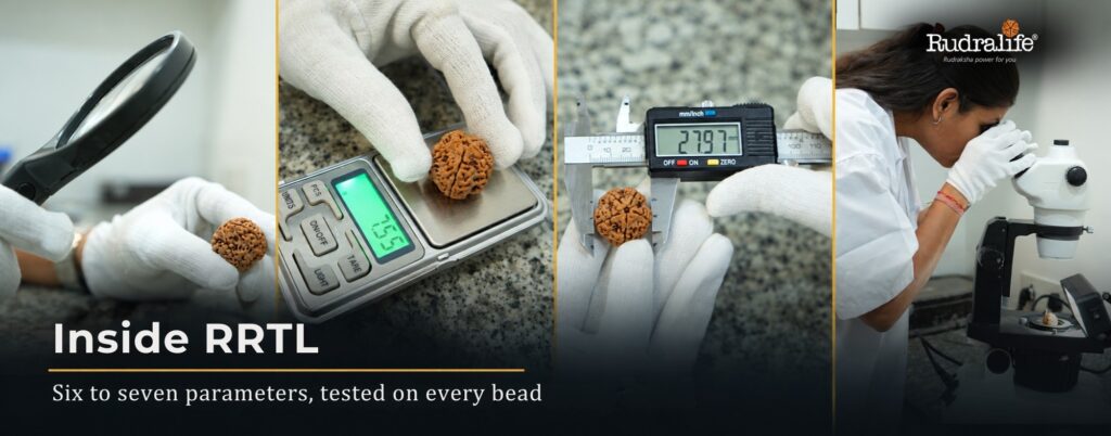 Rudraksha testing at RRTL with a magnifier, weighing scale, digital calipers & microscope, all handled in gloves