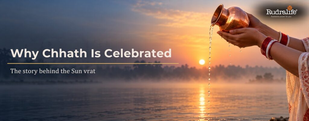 Chhath Puja 2026 Usha Arghya, hands pouring water from a copper lota towards the rising sun over a misty river