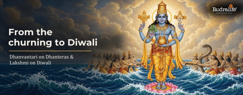 Dhanvantari rising with the amrit kalash during Samudra Manthan