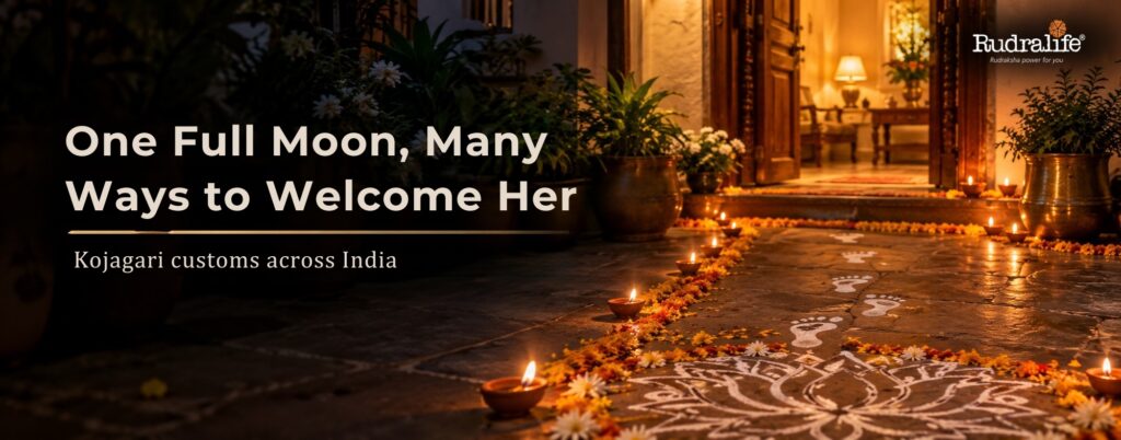 Alpana footprints and diyas welcoming Lakshmi on Kojagari Purnima