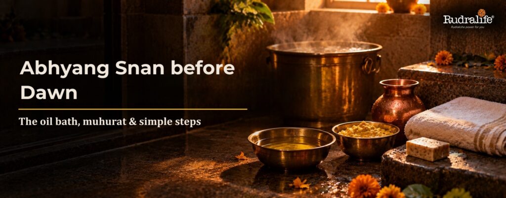 Sesame oil and ubtan set out for the Narak Chaturdashi abhyang snan