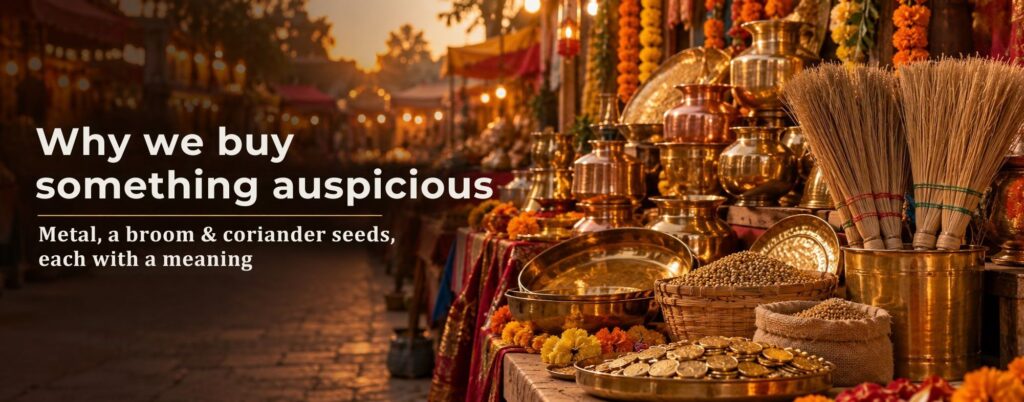 Dhanteras 2026 market stall with brass & copper utensils, gold coins, brooms & coriander seeds at dusk