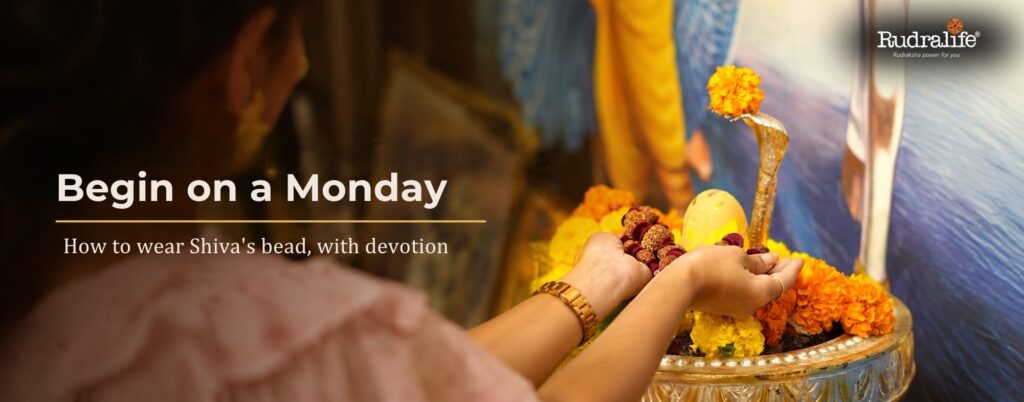 Devotee offering a Rudraksha mala at a Shivling on a Monday, before wearing 2 Mukhi Rudraksha with devotion