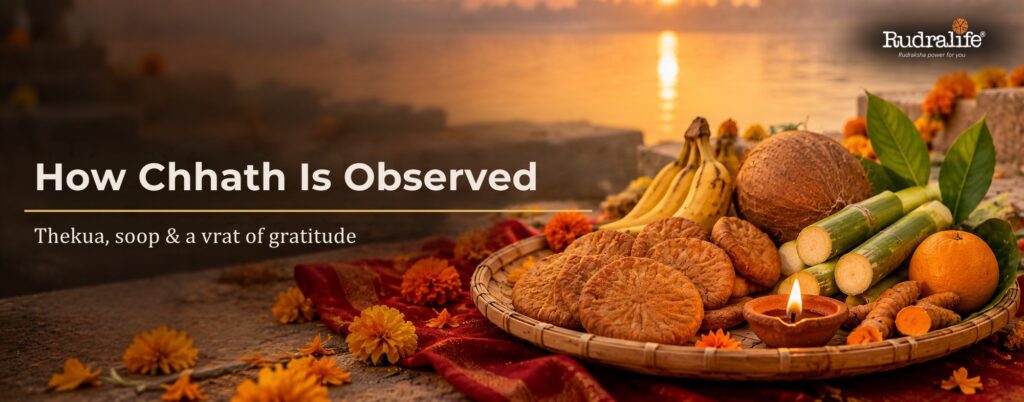 Chhath Puja 2026 prasad of thekua, bananas, coconut, sugarcane & turmeric on a bamboo soop with a lit diya