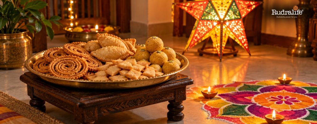 How India celebrates Diwali in Maharashtra, with faral of chakli, karanji, shankarpali & besan ladoo by a rangoli