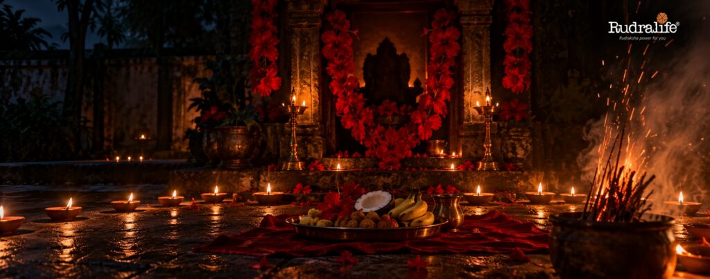 How India celebrates Diwali in the east with Kali Puja, a hibiscus-garlanded shrine, diyas & bhog