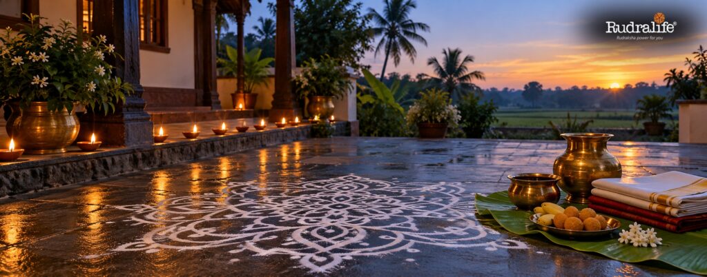 How India celebrates Diwali in the south at dawn on Naraka Chaturdashi, with a kolam, new clothes & sweets