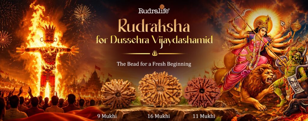 Rudraksha for Dussehra Vijayadashami featuring 9 Mukhi, 16 Mukhi and 19 Mukhi Rudraksha with Ravan Dahan and Maa Durga