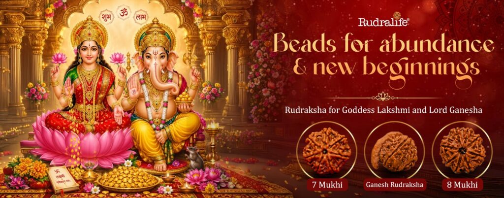 How India celebrates Diwali with Lakshmi Ganesh puja, shown with 7 Mukhi, Ganesh Rudraksha & 8 Mukhi beads