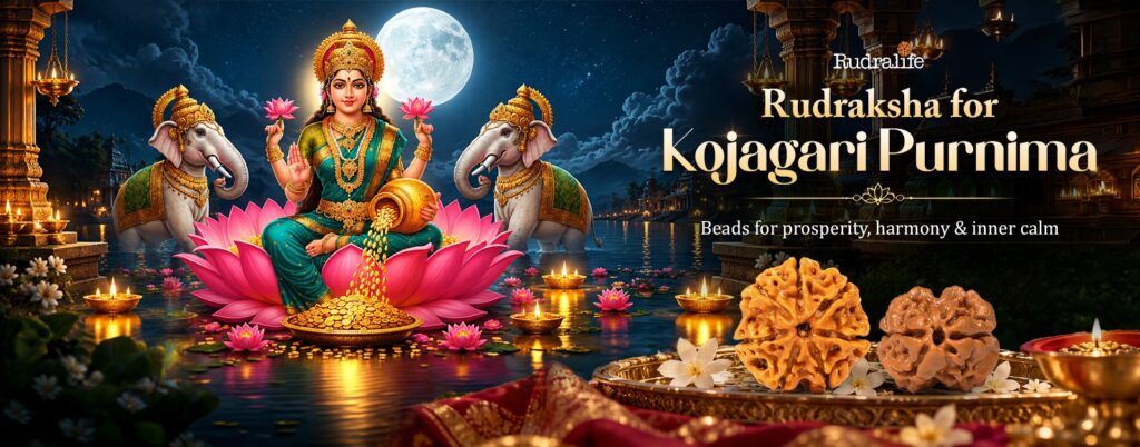 Rudraksha for Kojagari Purnima, with 7 Mukhi and 2 Mukhi beads before Goddess Lakshmi